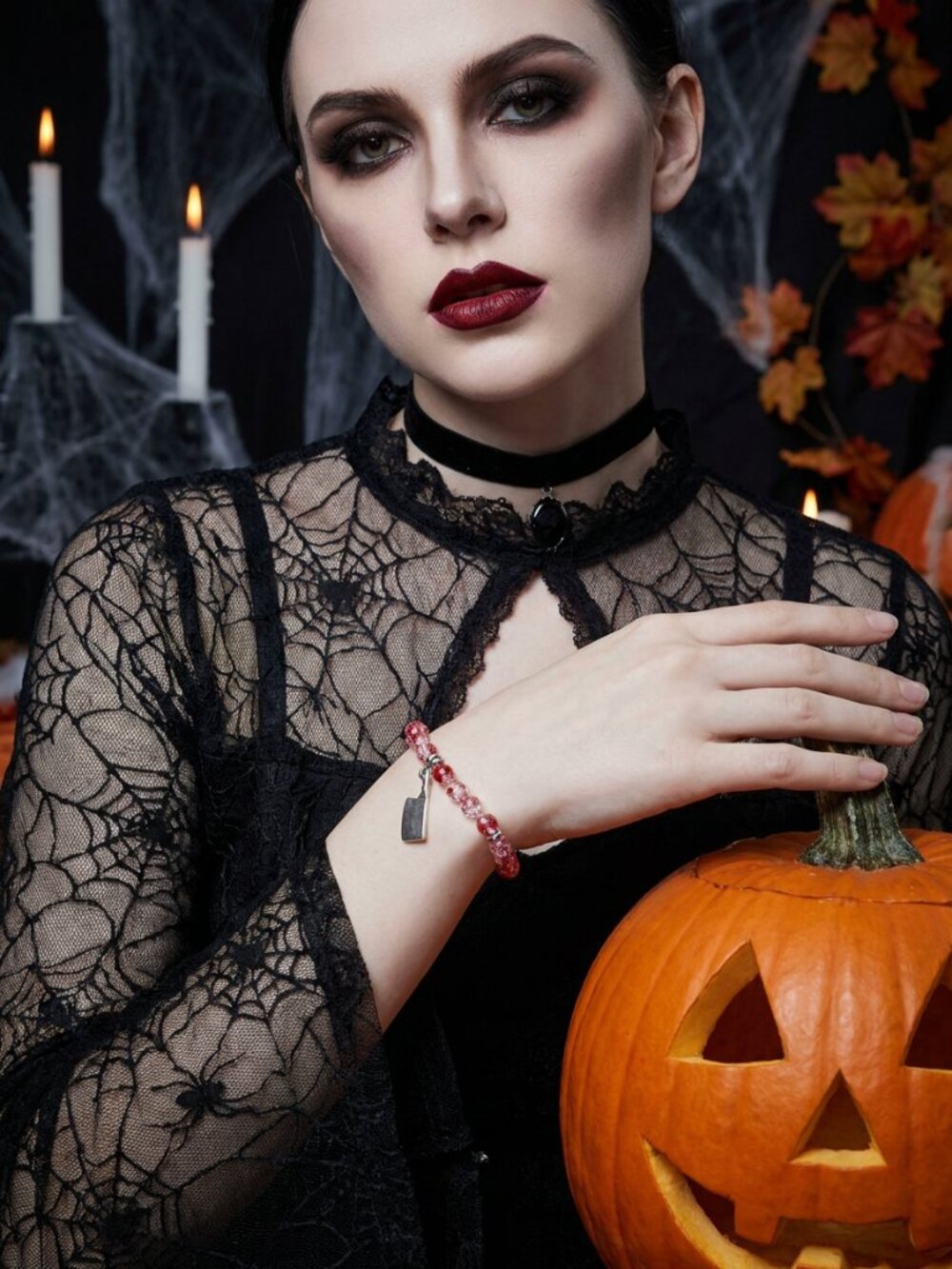 Blood Splatter Glass Bead Stretch Bracelet with Meat Cleaver Charm